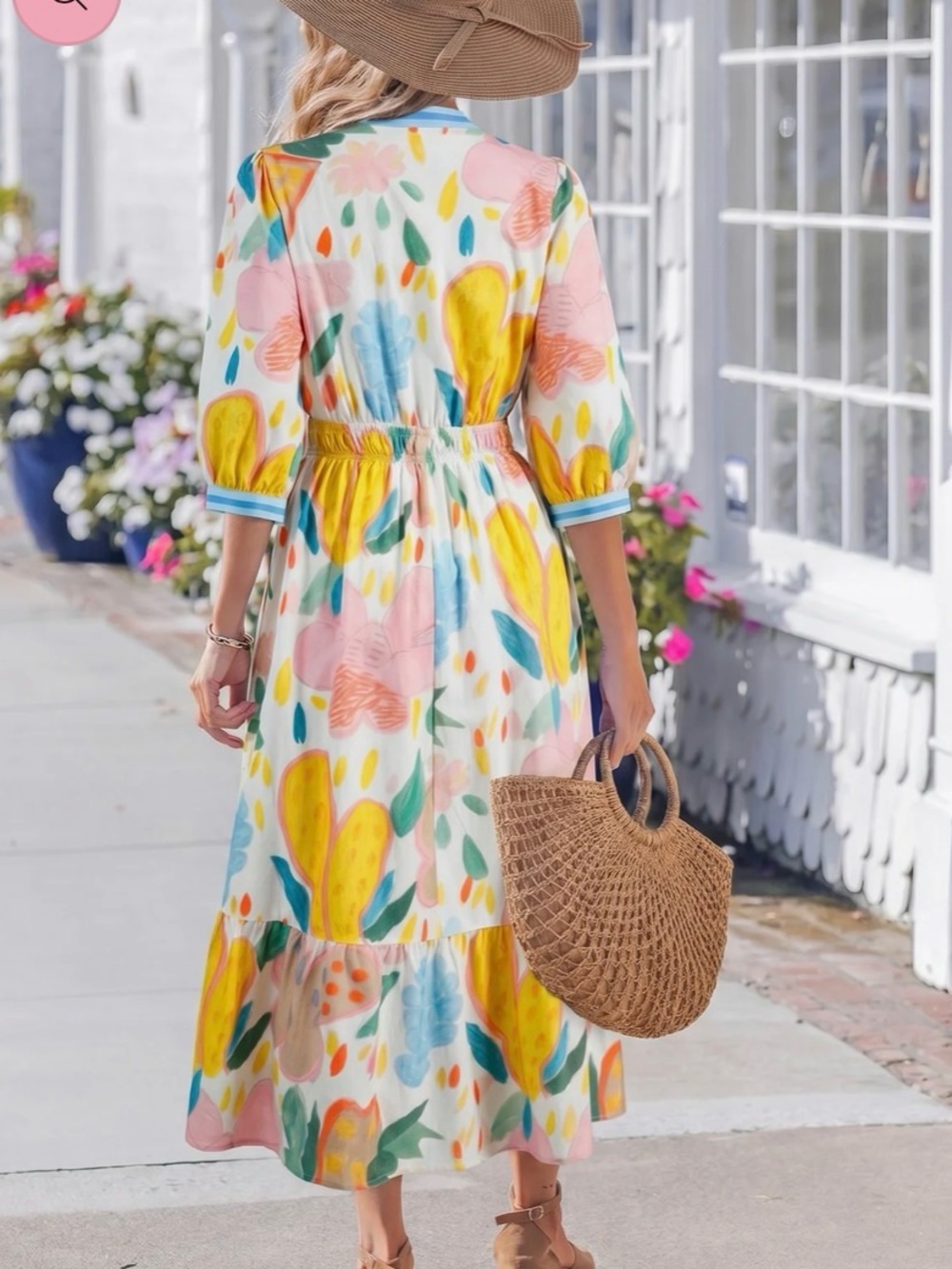 Multicolour Floral Doodle Print Striped Trim V Neck Midi Dress - Picture 3 of 8